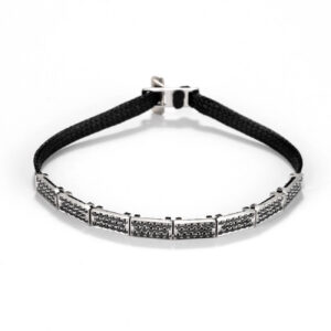 Flat cord bracelet  14k White gold - Black Diamond bricks 8