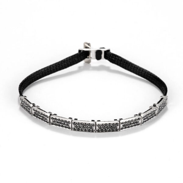 Flat cord bracelet  14k White gold - Black Diamond bricks 8